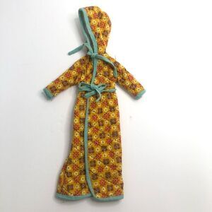 fashion doll 60s 70s robe quilted flower power blue teal trim hooded handmade?